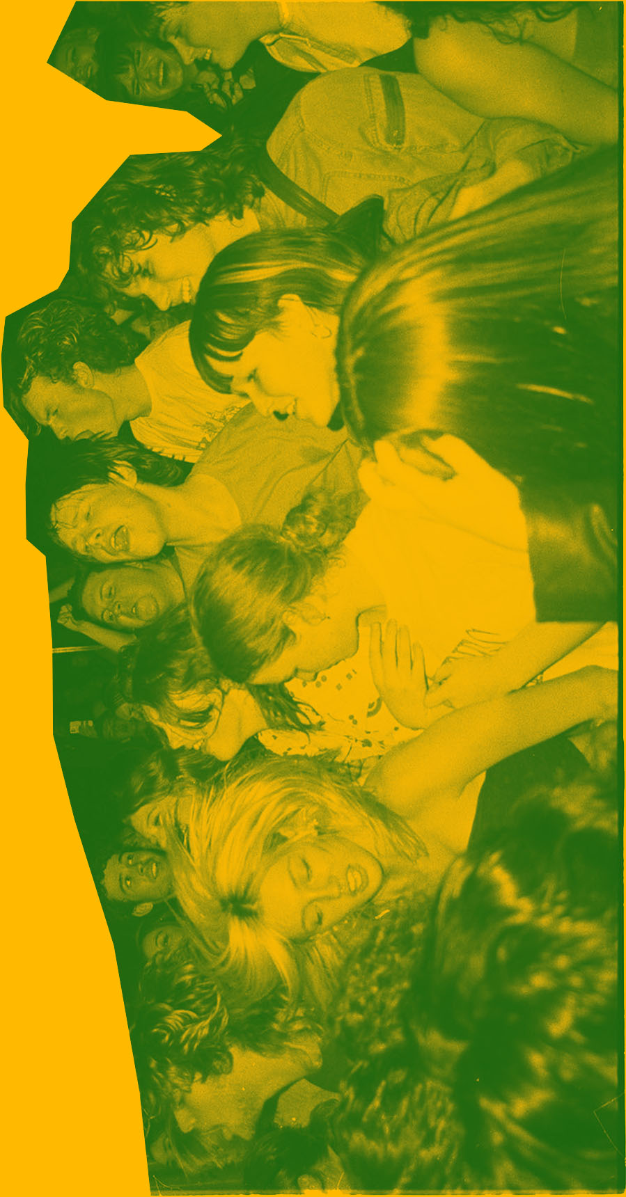 Cutout image of a crowd from a Stimpies gig. Image is tinted green.