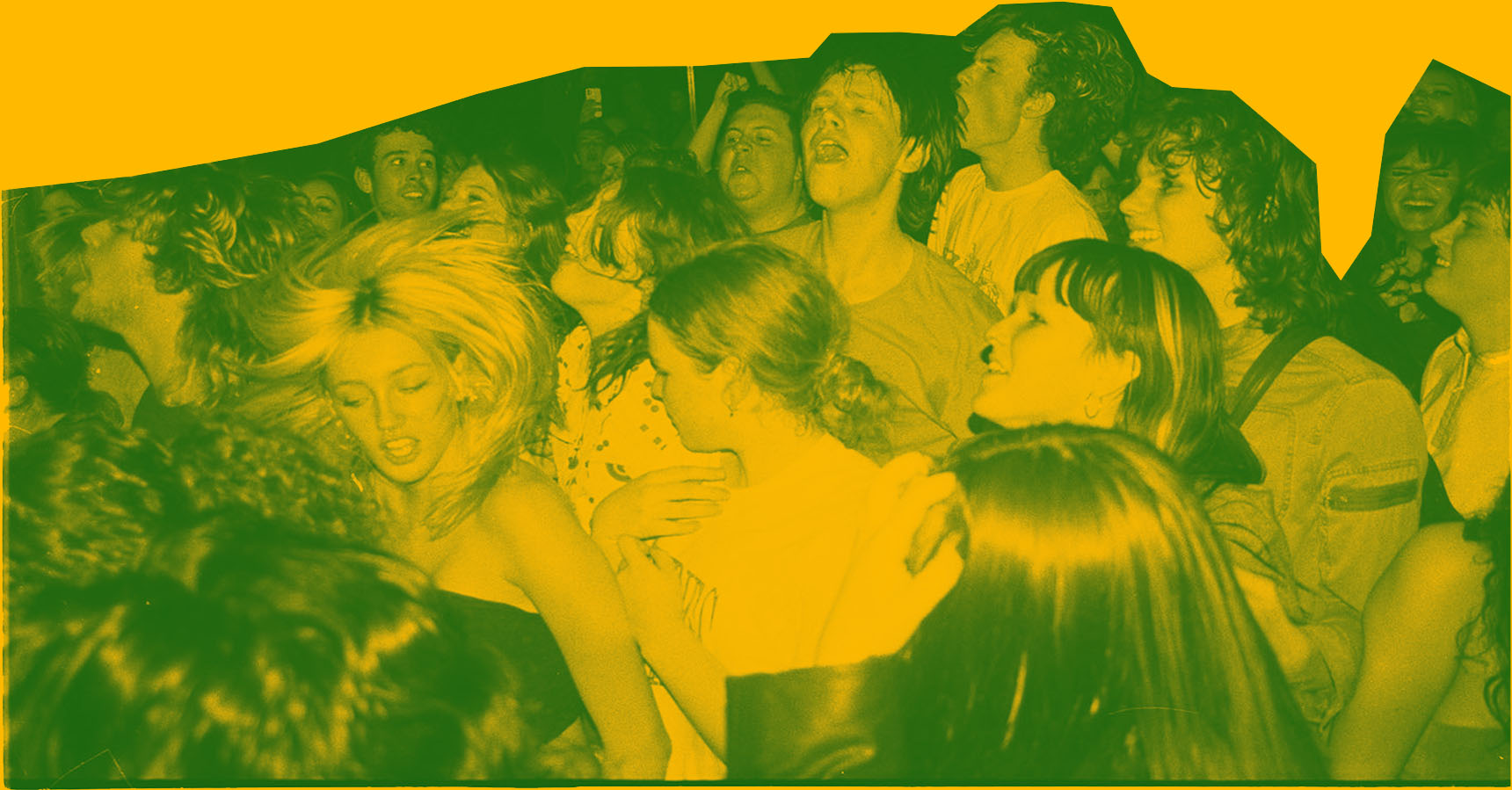 Cutout image of a crowd from a Stimpies gig. Image is tinted green.