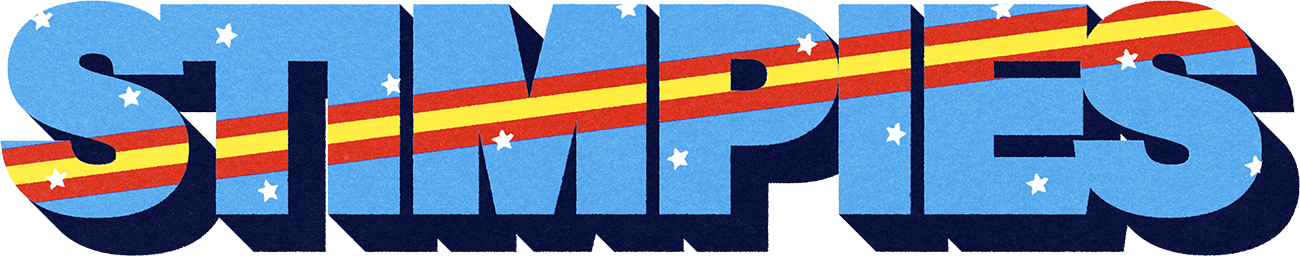 New Stimpies logo, light blue oblique text with a dark blue shadow and a red, yellow and red stripe diagonal